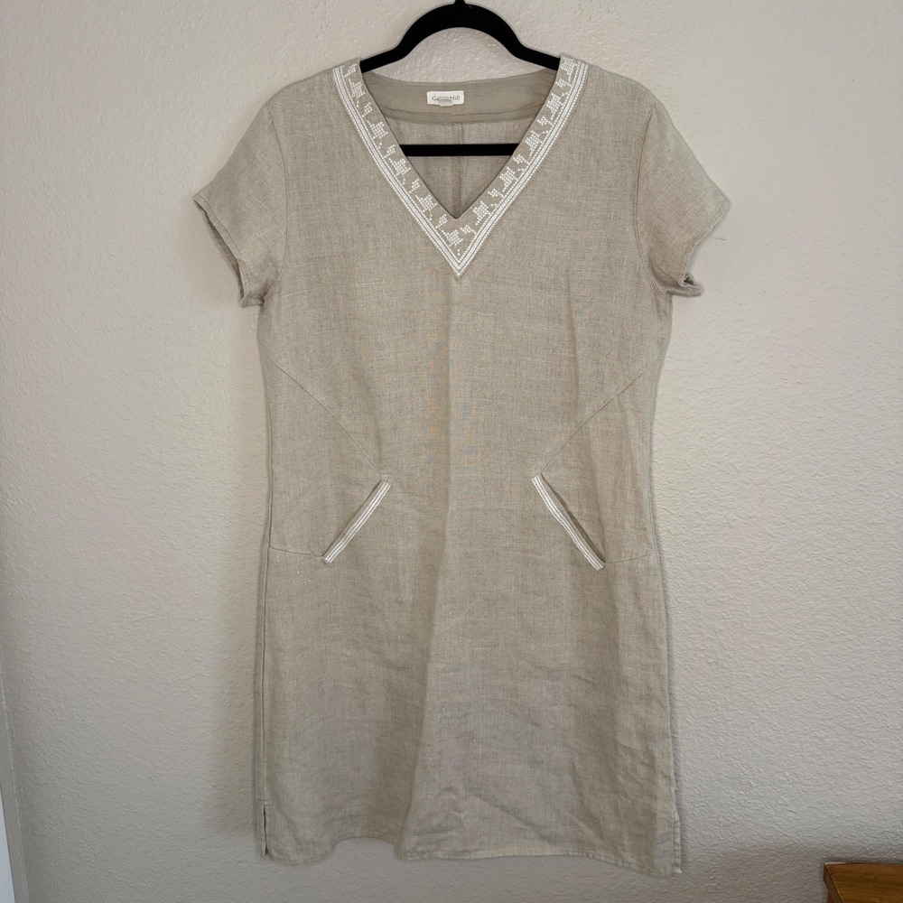 Garnet Hill Linen Embroidered Shift Dress Womens 8 Medium Coastal Boho Old Money
